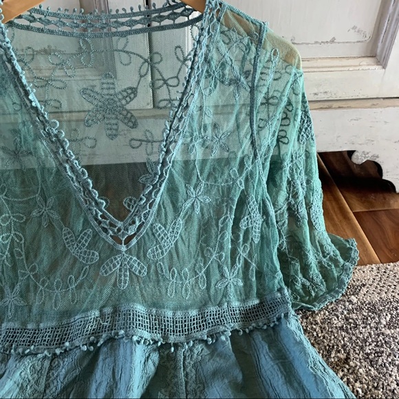 New Teal Lace Crochet Boho Folk Tunic Blouse Top Cover-Up Womens Turquoise - Picture 4 of 7